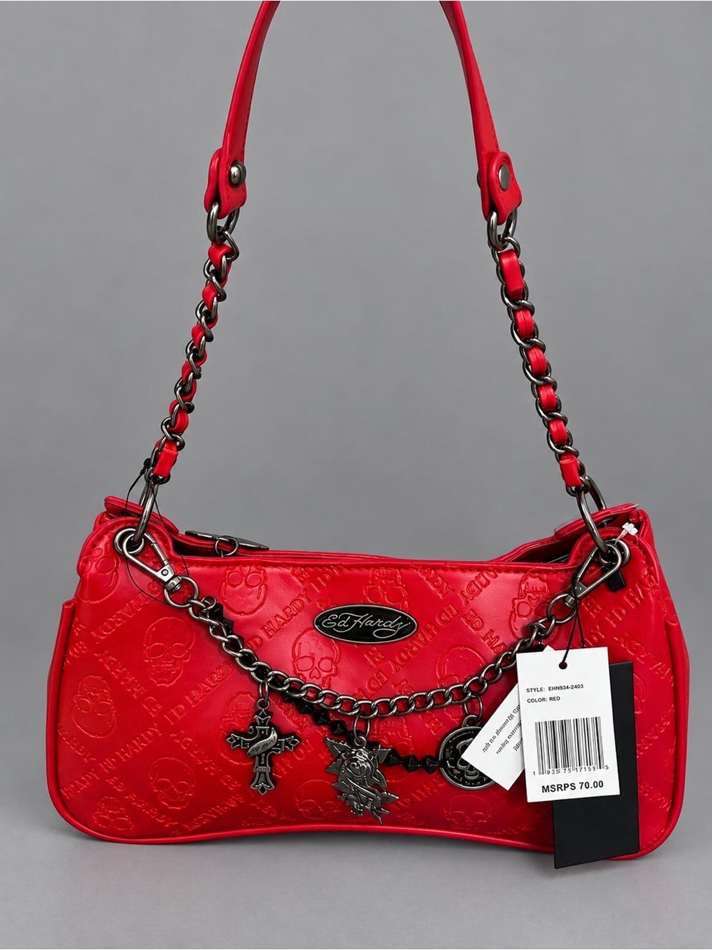 Ed Hardy Red Embossed Charm Chain Shoulder Bag